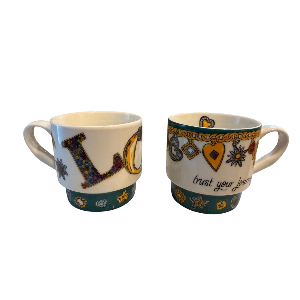 Brighton Trust Your Journey Love Stacking Ceramic Mugs Set of 2 Teal White
